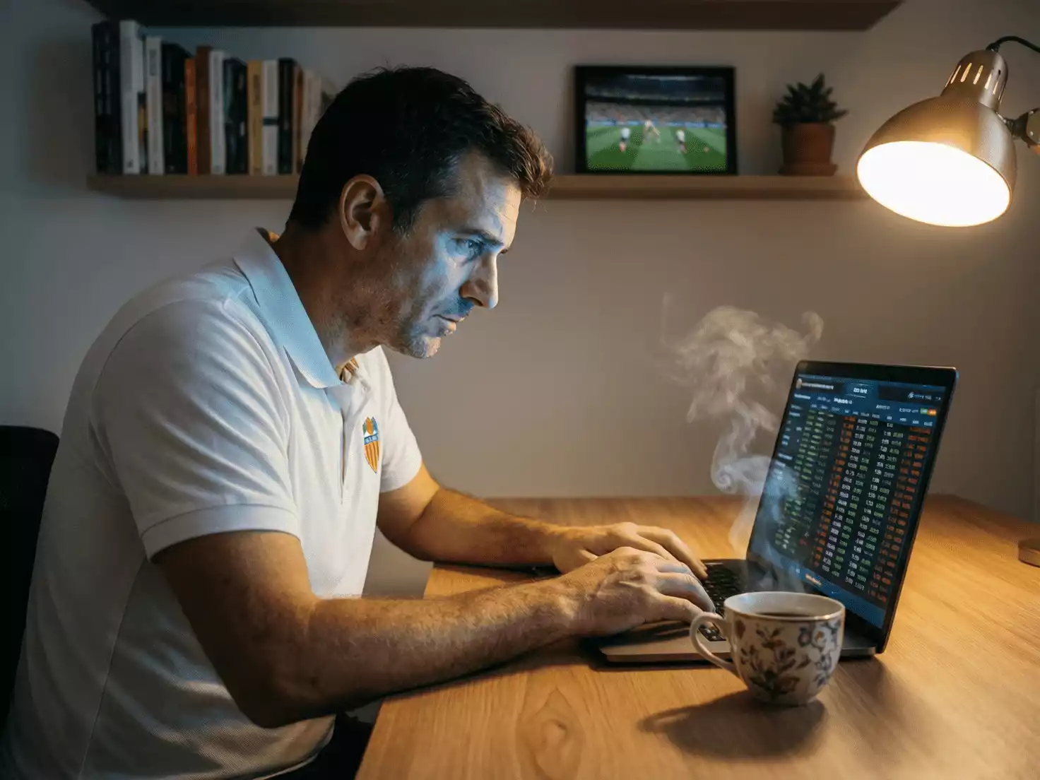 Aficionado del Valencia analizando cuotas de apuestas deportivas en su port&aacute;til