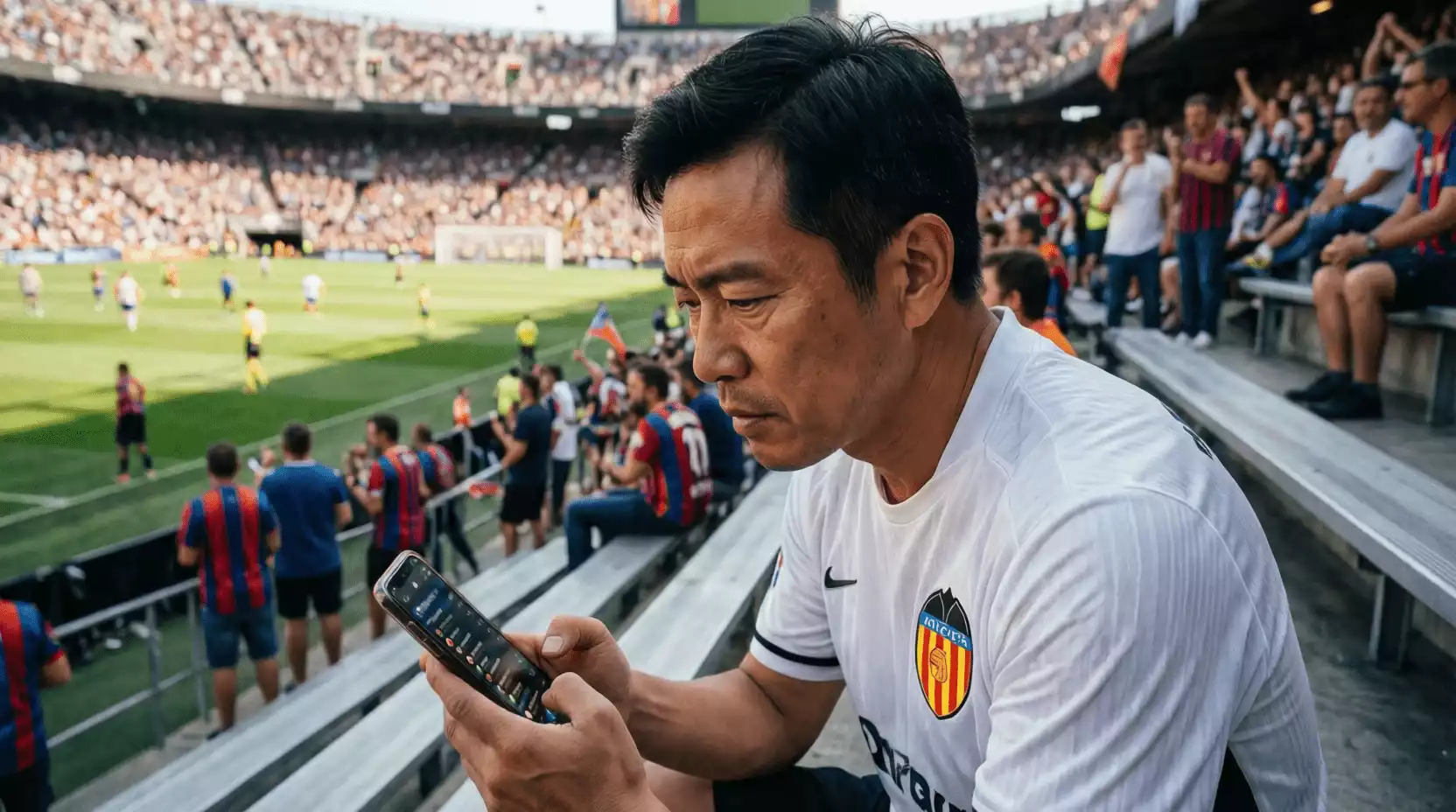 Aficionado del Valencia CF consultando su teléfono móvil en las gradas de un estadio de fútbol