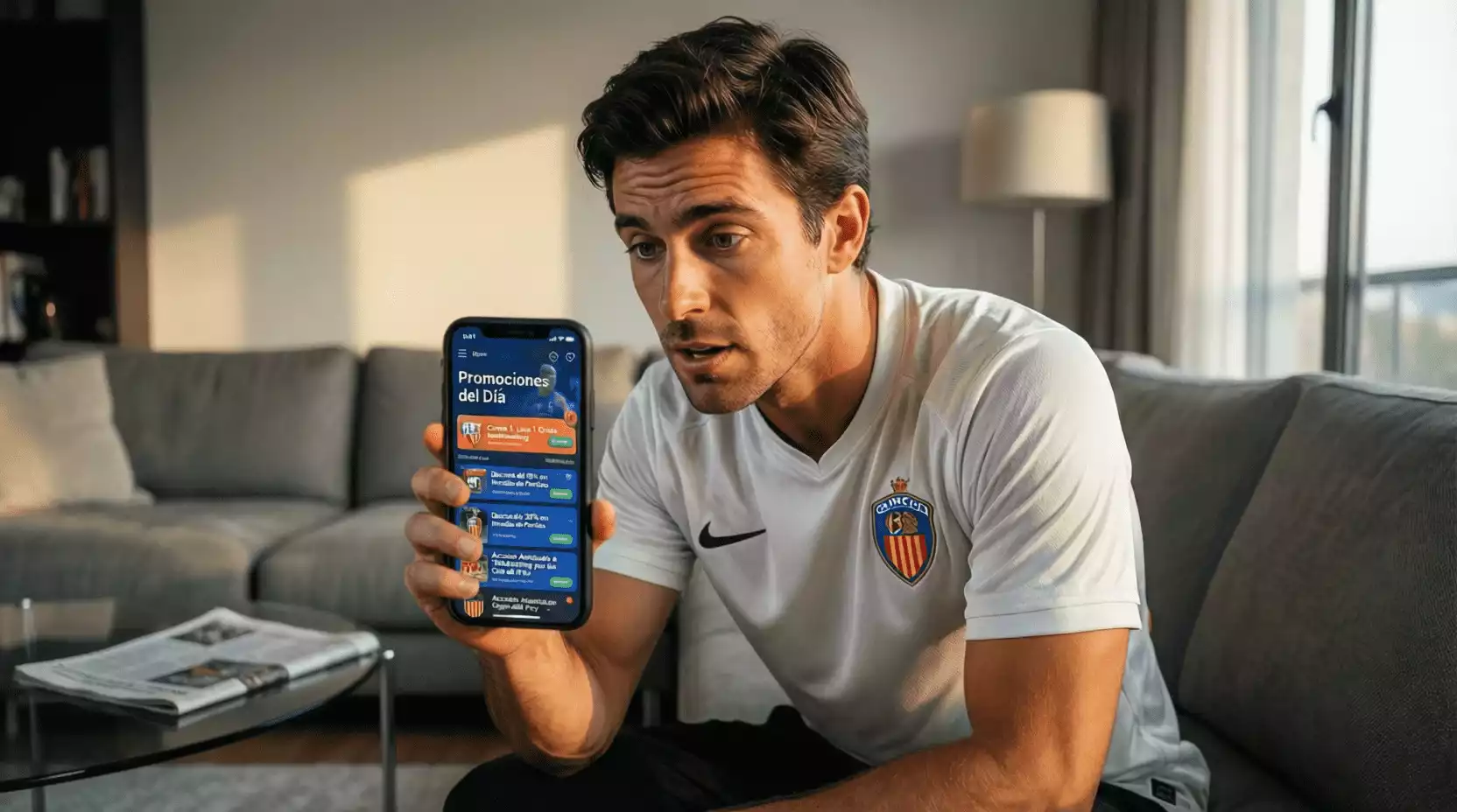 Aficionado del Valencia consultando promociones de apuestas en su teléfono móvil