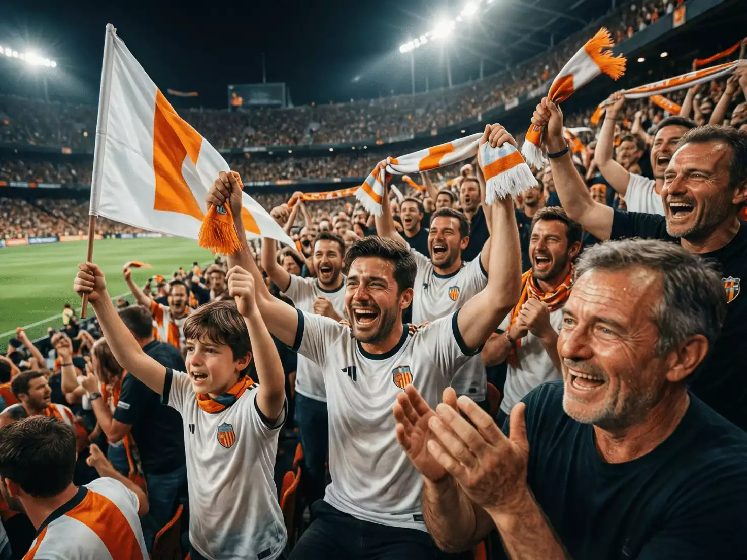 Aficionados del Valencia celebrando una victoria en Copa del Rey con bufandas y banderas
