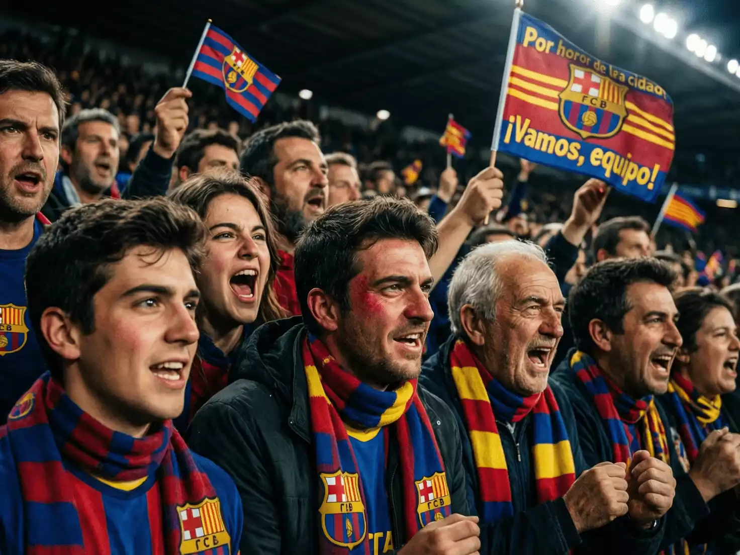 Aficionados apasionados animando durante un derbi de f&uacute;tbol con bufandas y c&aacute;nticos