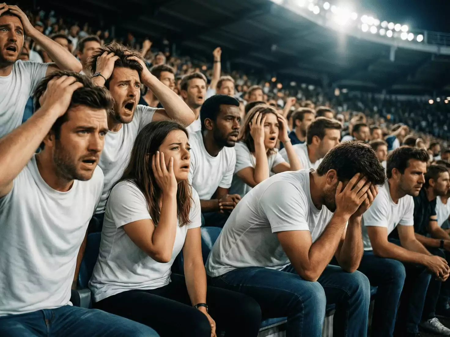 Aficionados de fútbol reaccionando a un gol en los últimos minutos del partido