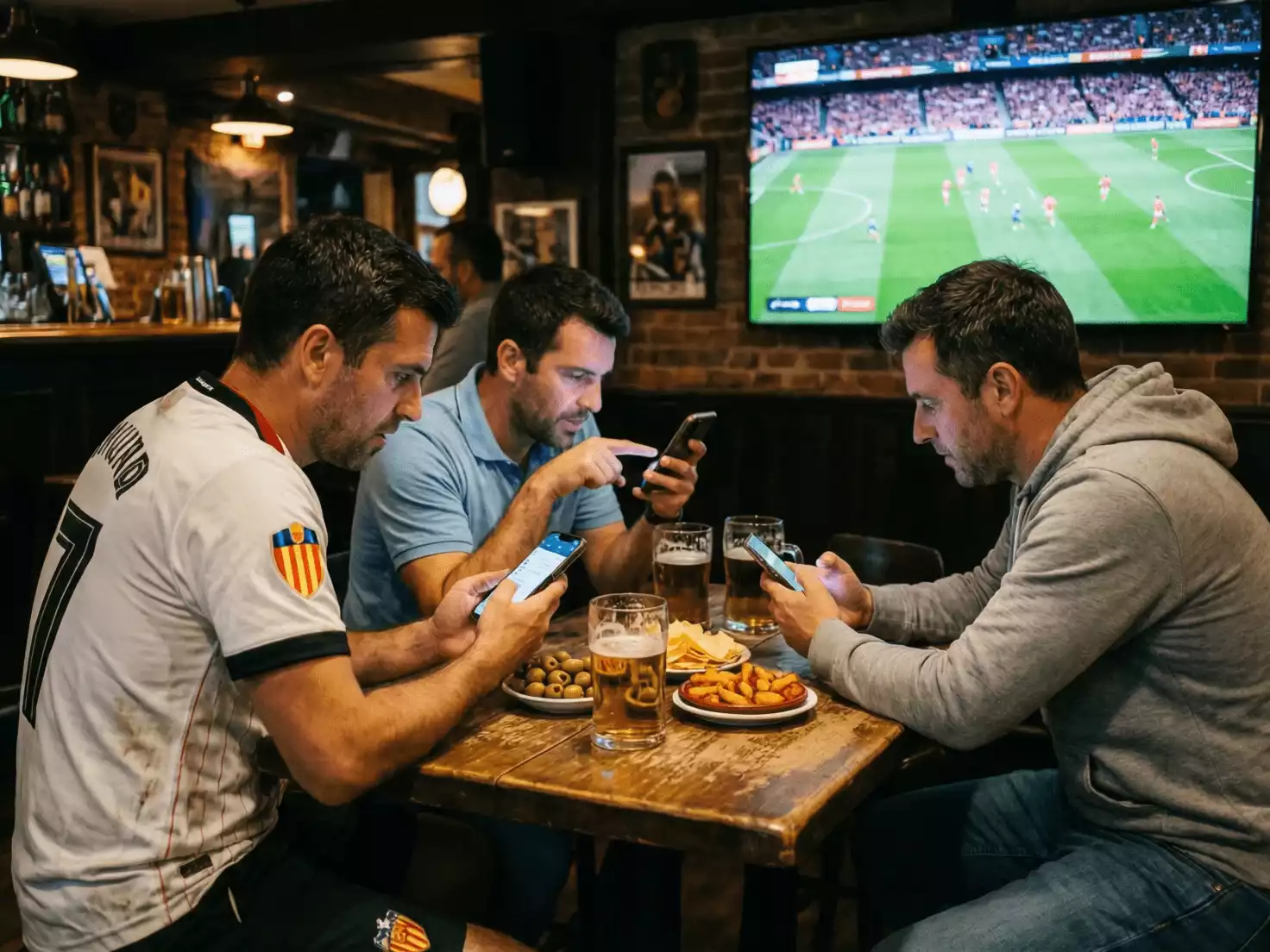 Grupo de aficionados viendo un partido de f&uacute;tbol en directo mientras consultan sus tel&eacute;fonos m&oacute;viles