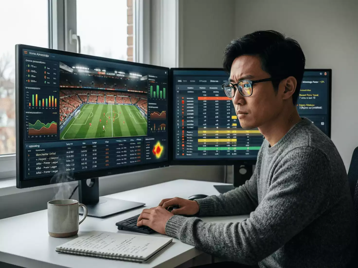 Persona analizando datos de partidos de f&uacute;tbol en pantalla