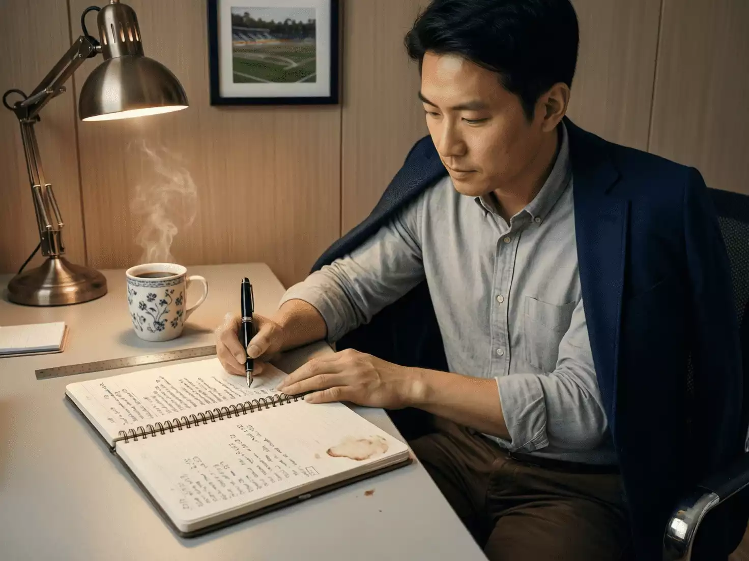 Apostador tomando notas disciplinadamente sobre sus apuestas en un cuaderno