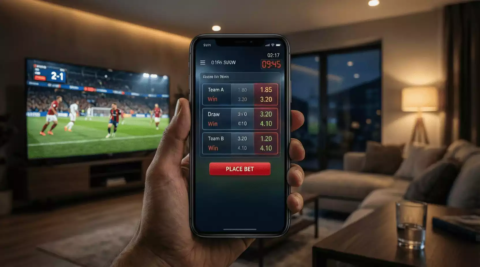 Smartphone mostrando app de apuestas durante un partido de fútbol