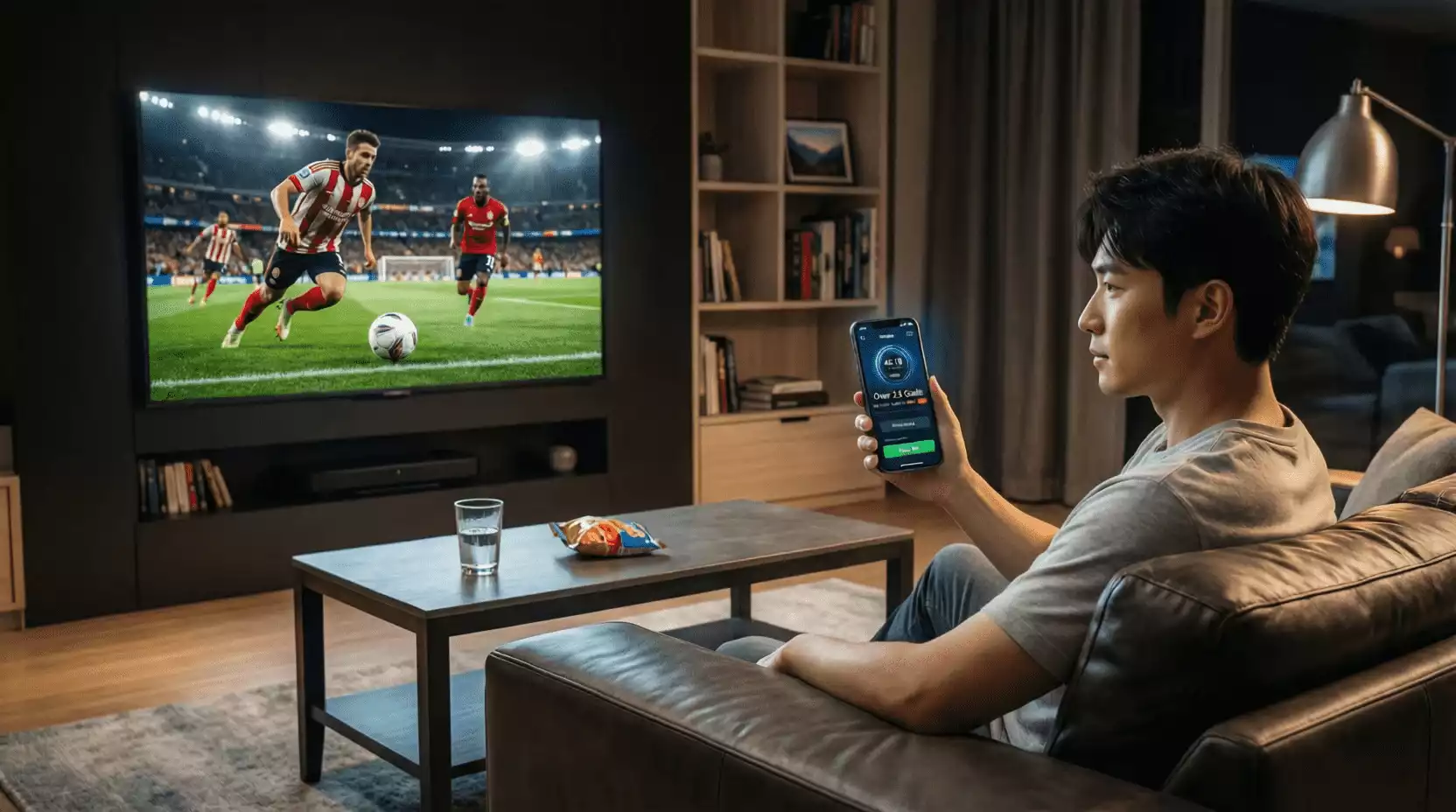 Persona siguiendo un partido de fútbol en vivo mientras consulta su dispositivo móvil