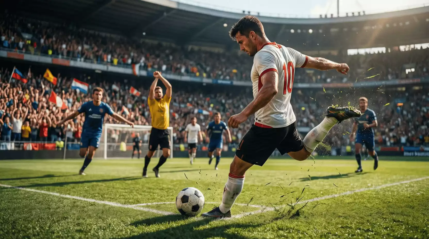 Jugador ejecutando un saque de esquina en un partido de fútbol