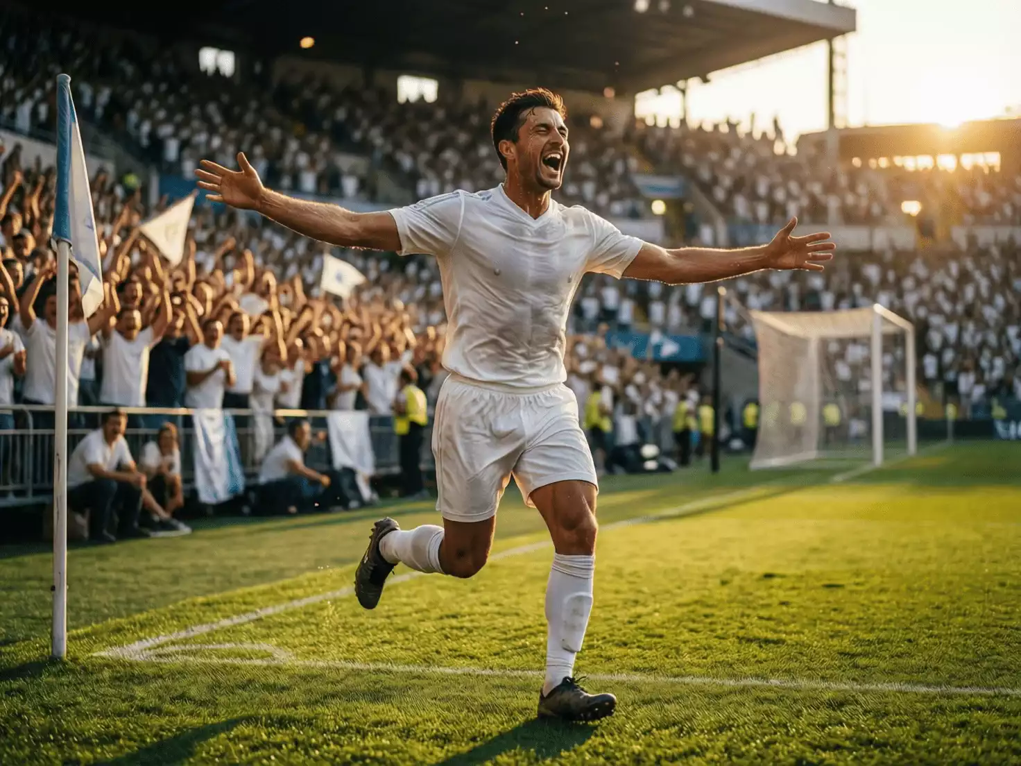 Delantero del Valencia celebrando un gol con los brazos abiertos frente a la afici&oacute;n