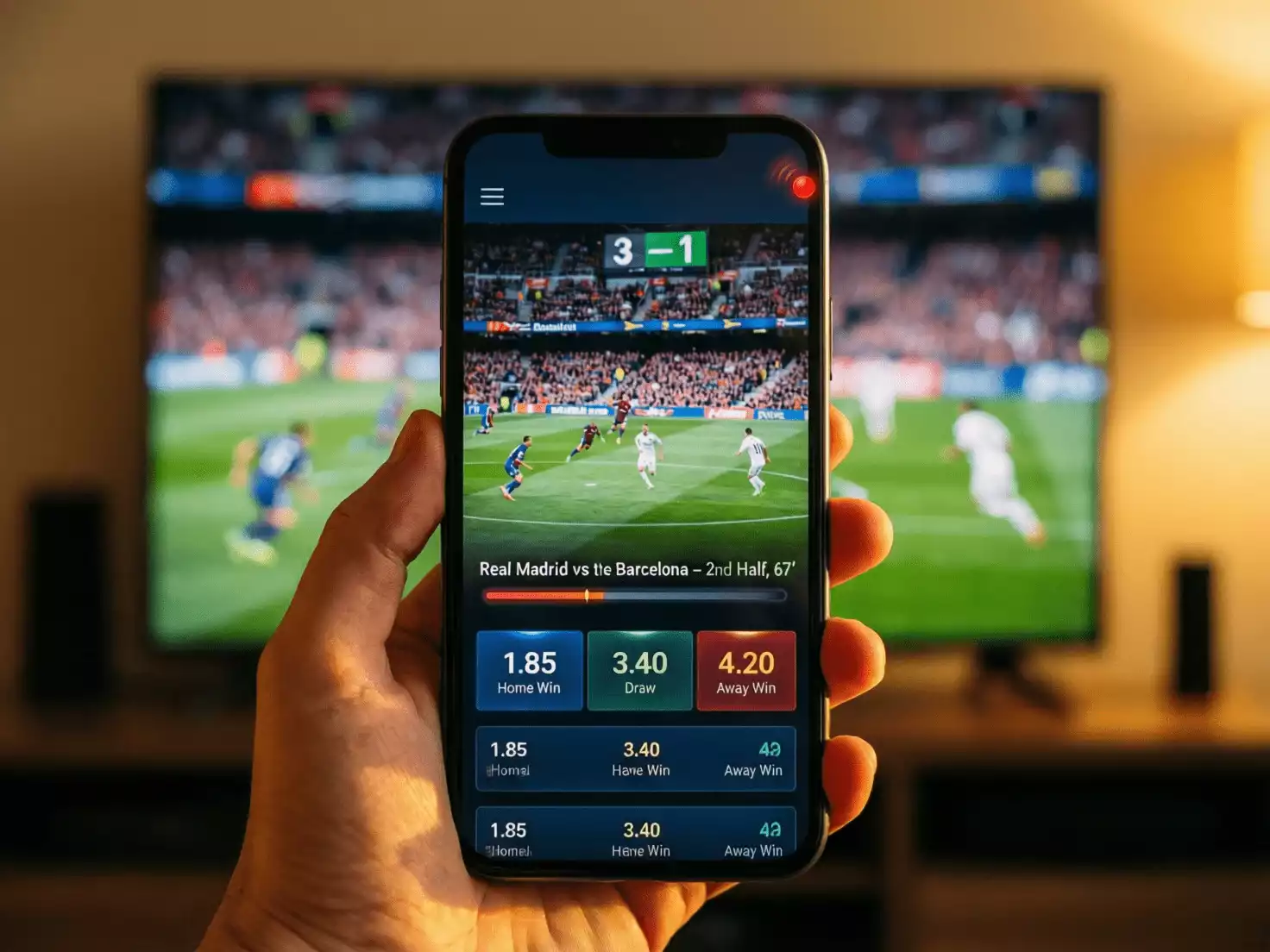 Dispositivo móvil mostrando opciones de apuestas durante un partido de fútbol