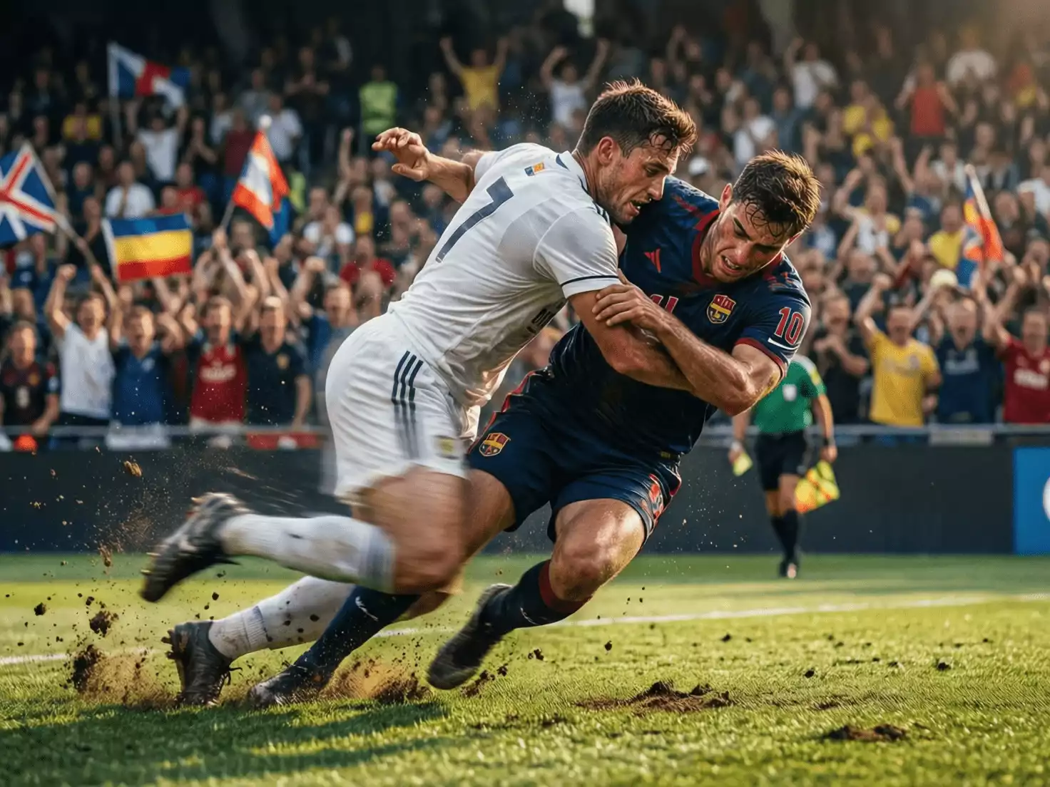 Jugadores disputando intensamente un bal&oacute;n en partido de LaLiga