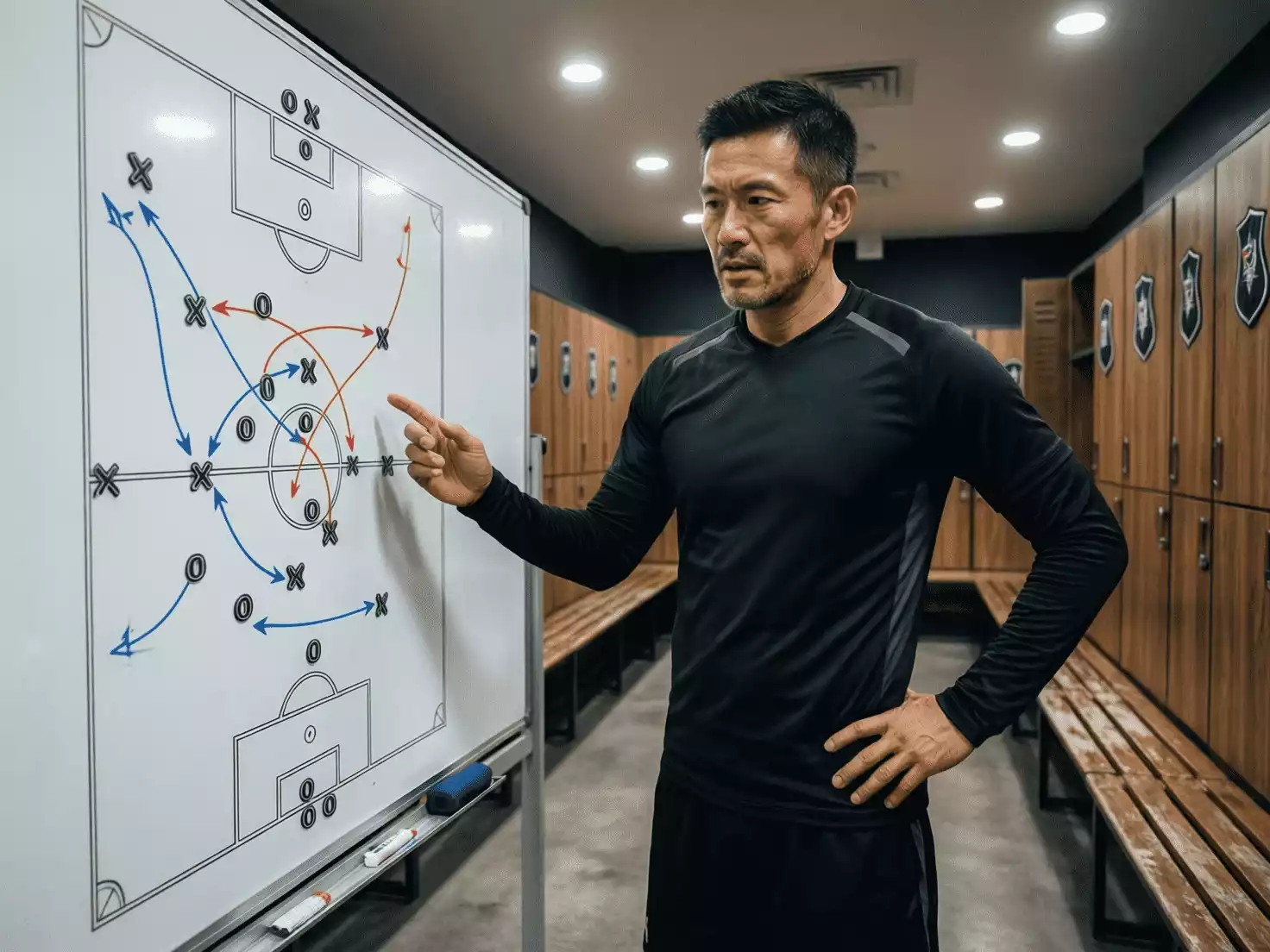 Entrenador de f&uacute;tbol analizando t&aacute;ctica con una pizarra en el vestuario