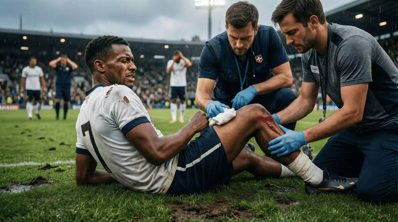 Jugador recibiendo atención médica en el campo de fútbol