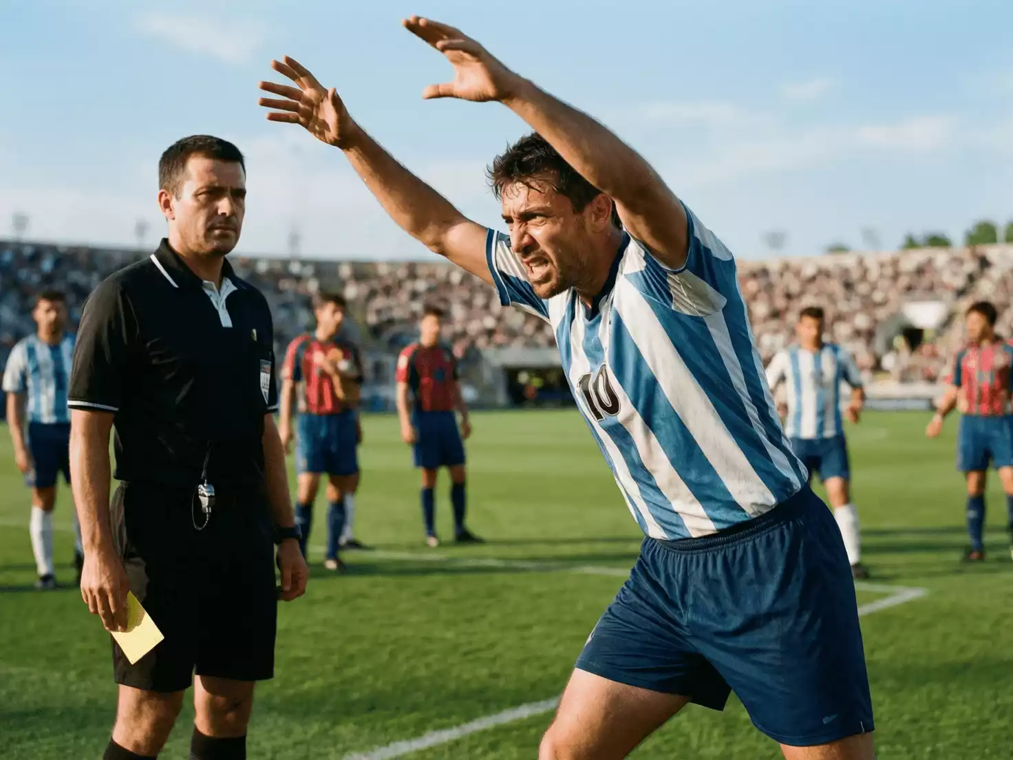 Jugador protestando una decisi&oacute;n arbitral en un partido de f&uacute;tbol