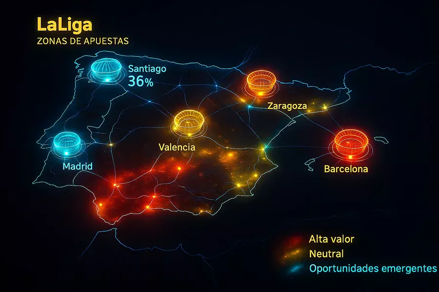 Mapa de Espa&ntilde;a mostrando oportunidades de value betting en equipos de LaLiga
