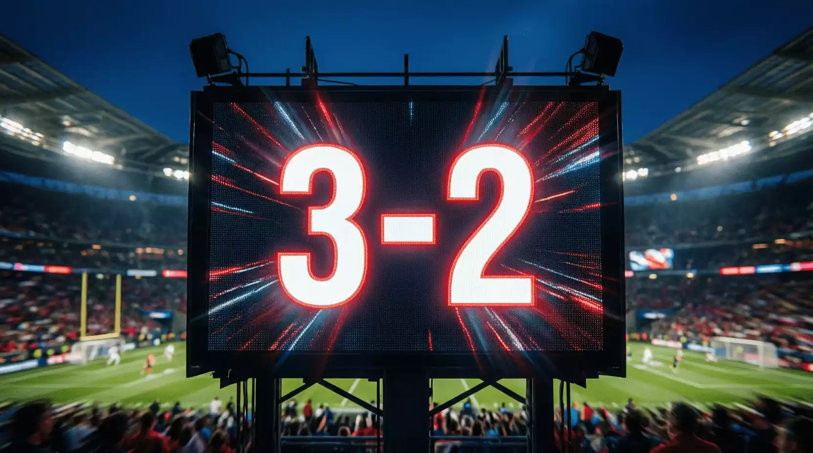 Marcador de estadio mostrando goles durante un partido de fútbol