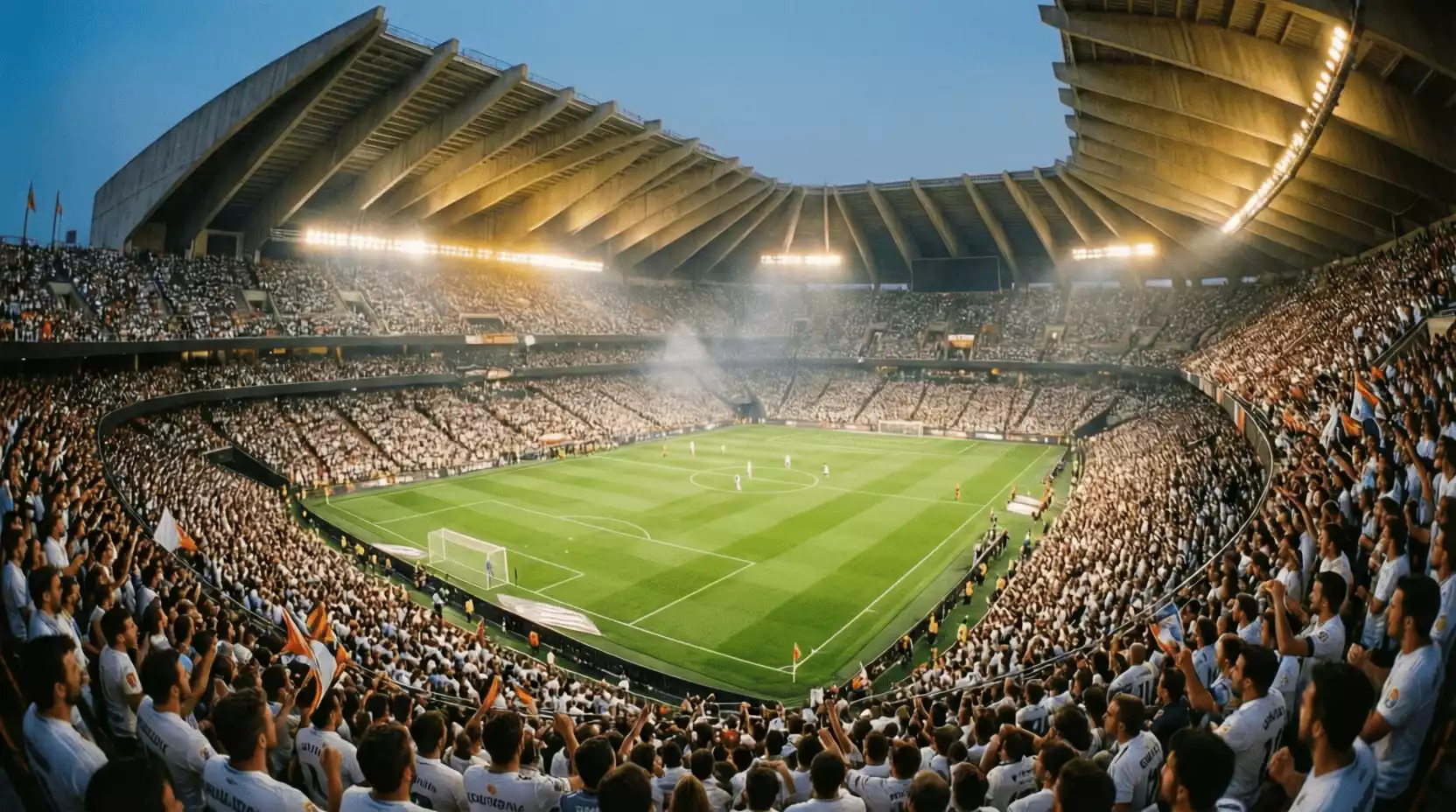 Vista panorámica del estadio Mestalla durante un partido de LaLiga con ambiente de afición