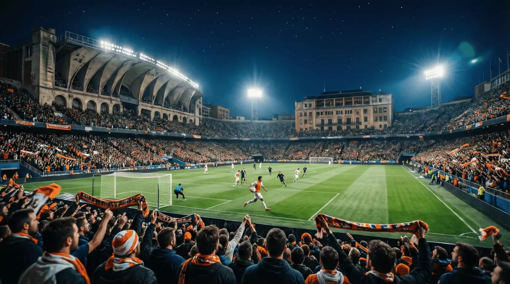 Estadio Mestalla con ambiente nocturno y afición animando