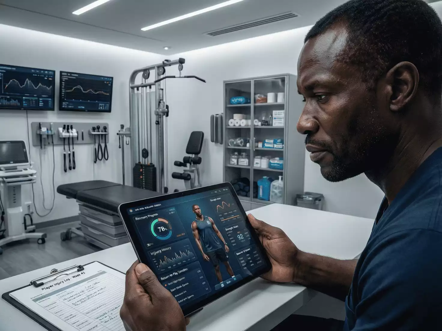 Profesional m&eacute;dico revisando estado de jugadores de f&uacute;tbol