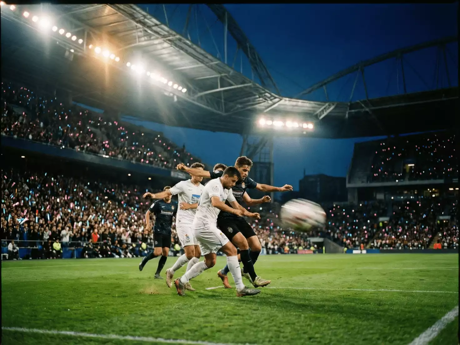 Partido de Copa del Rey en estadio iluminado durante una noche de eliminatoria