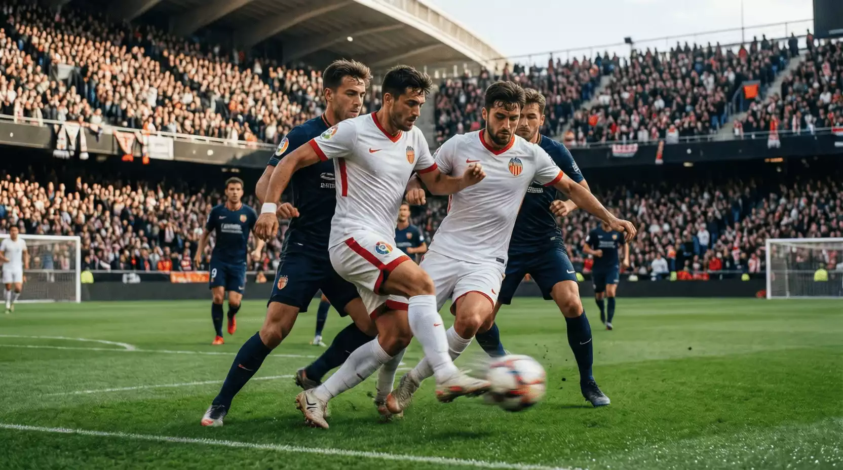 Jugadores del Valencia CF disputando un balón durante un partido en Mestalla