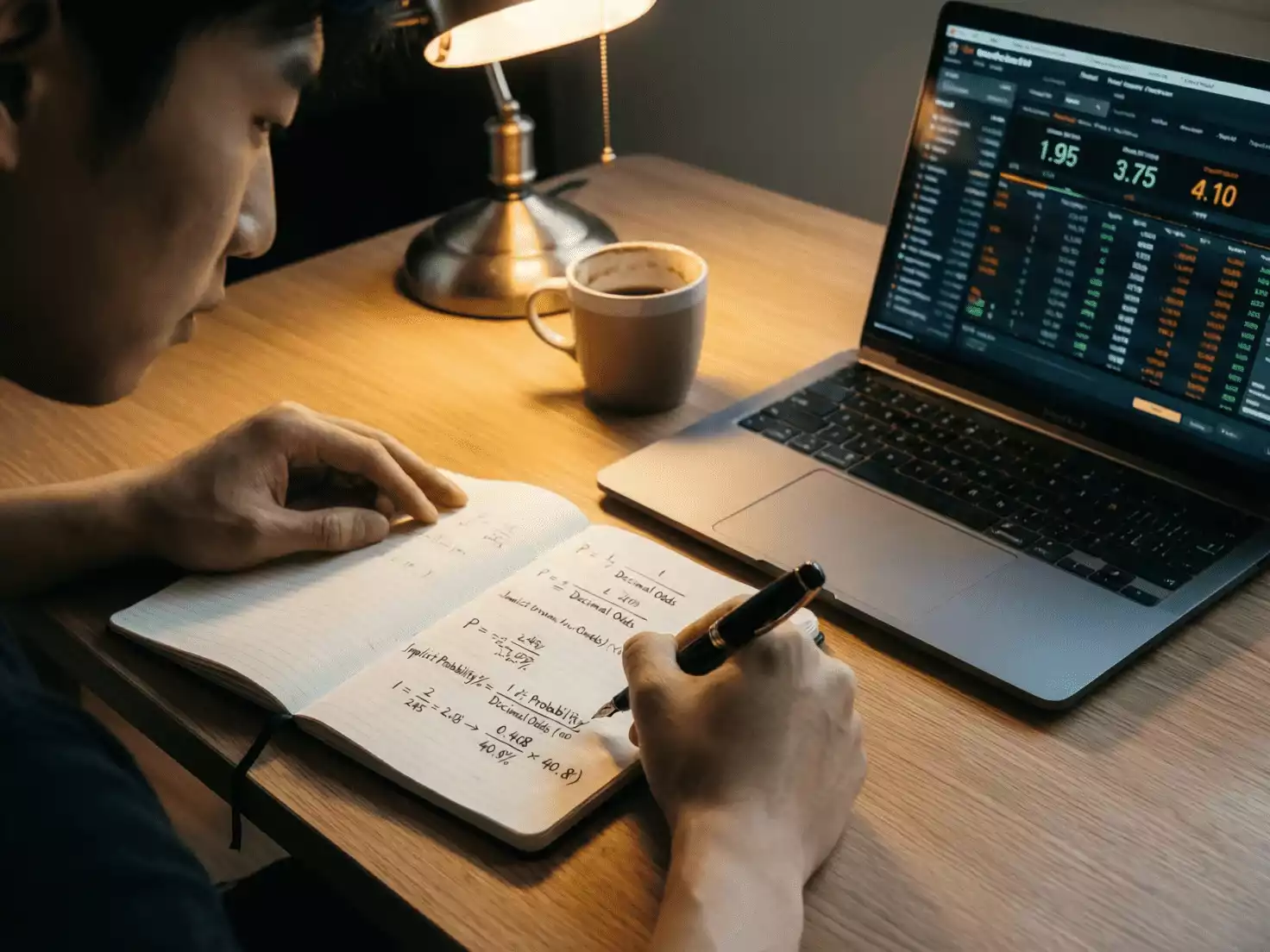 Persona escribiendo c&aacute;lculos de probabilidades en un cuaderno junto a una pantalla con cuotas