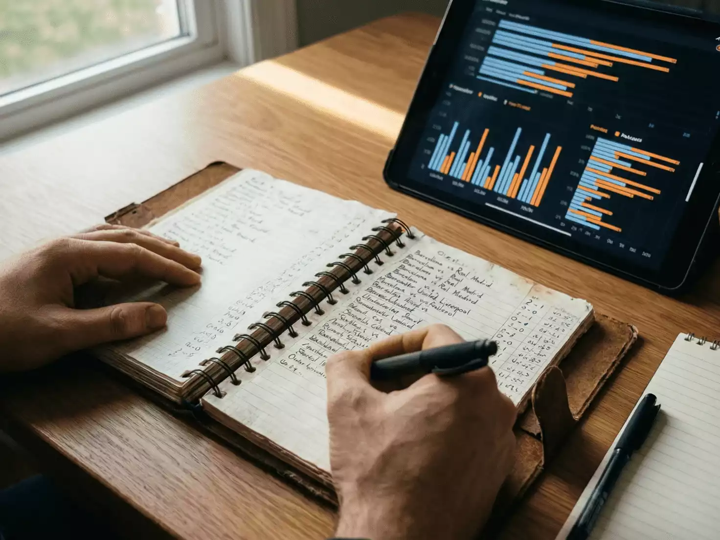 Persona tomando notas en un cuaderno junto a estad&iacute;sticas de f&uacute;tbol en pantalla