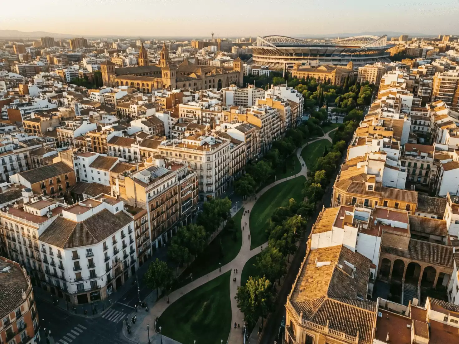 Vista a&eacute;rea de la ciudad de Valencia con los dos estadios de f&uacute;tbol visibles