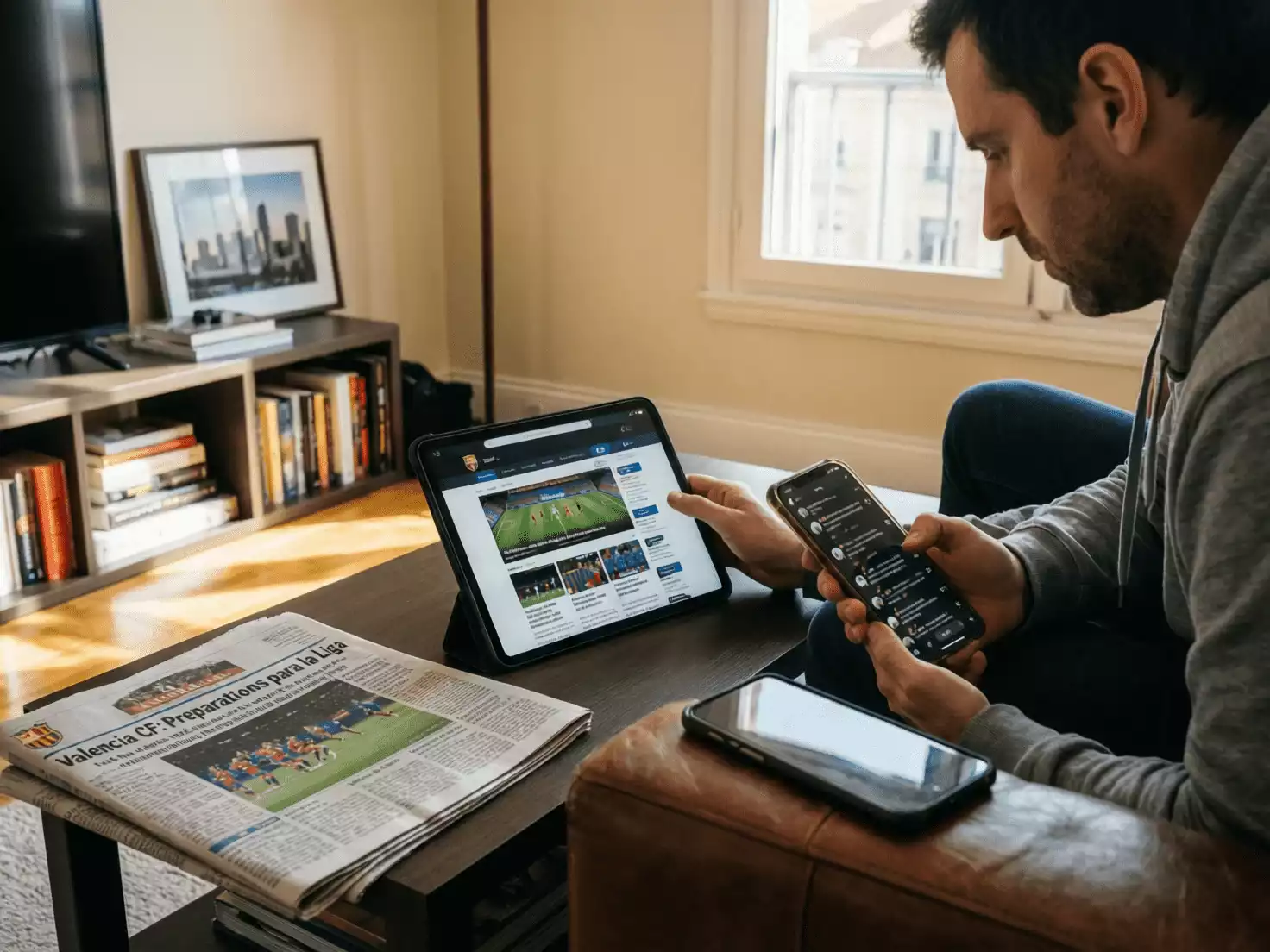 Persona siguiendo noticias y an&aacute;lisis del Valencia CF en m&uacute;ltiples fuentes