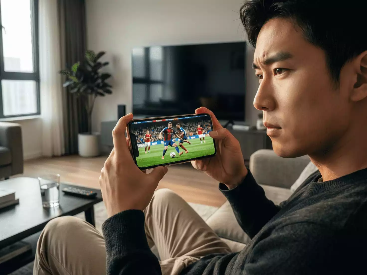 Persona viendo streaming de f&uacute;tbol en dispositivo m&oacute;vil