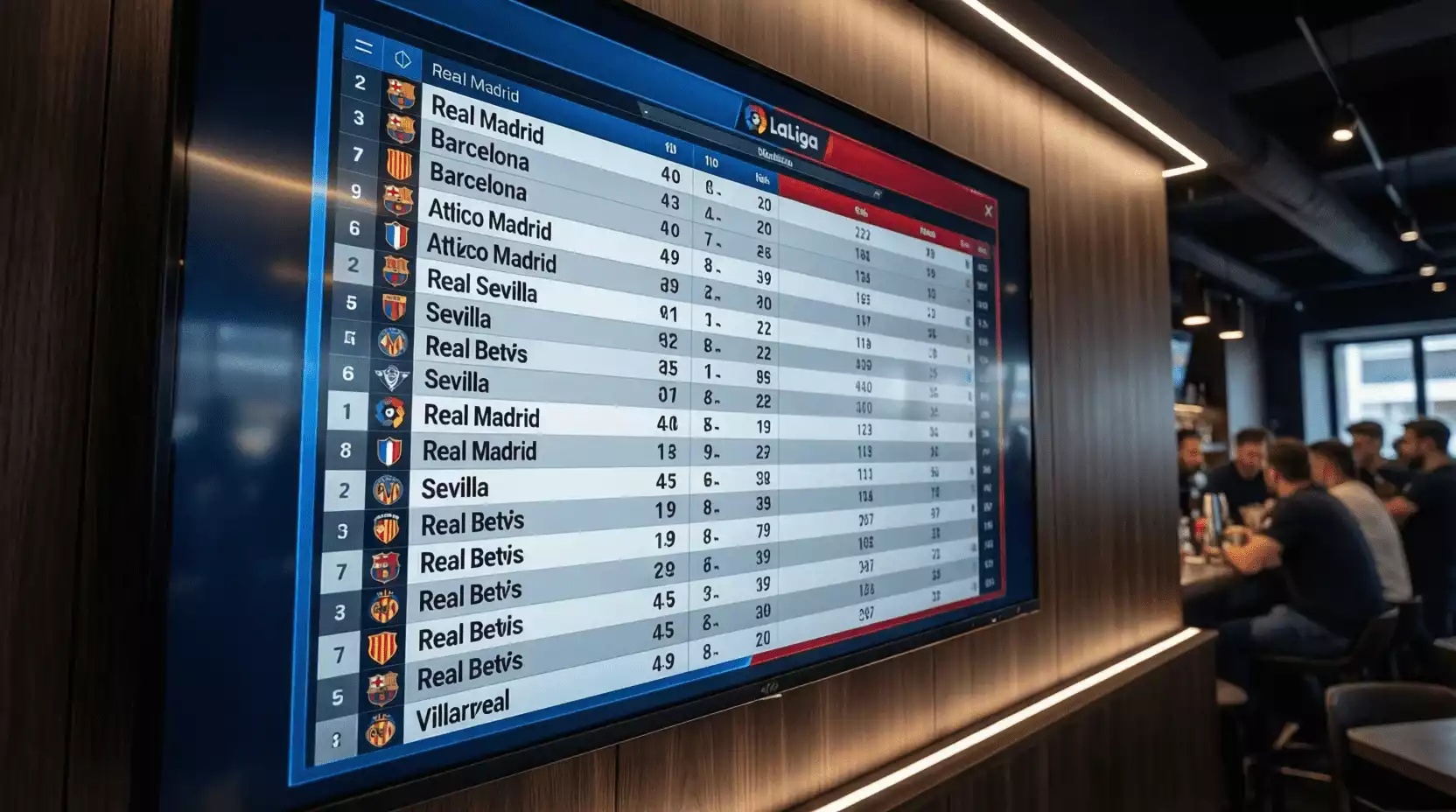 Vista de una tabla de clasificación de LaLiga en pantalla digital