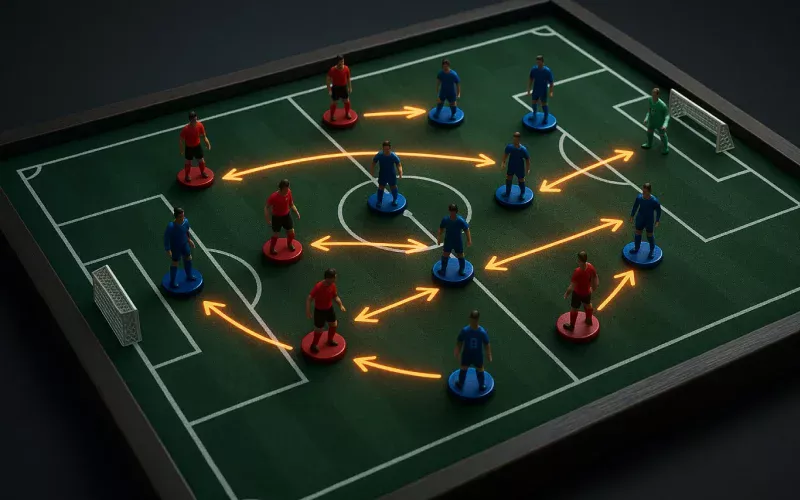 Tablero t&aacute;ctico mostrando formaci&oacute;n defensiva t&iacute;pica del f&uacute;tbol espa&ntilde;ol en LaLiga