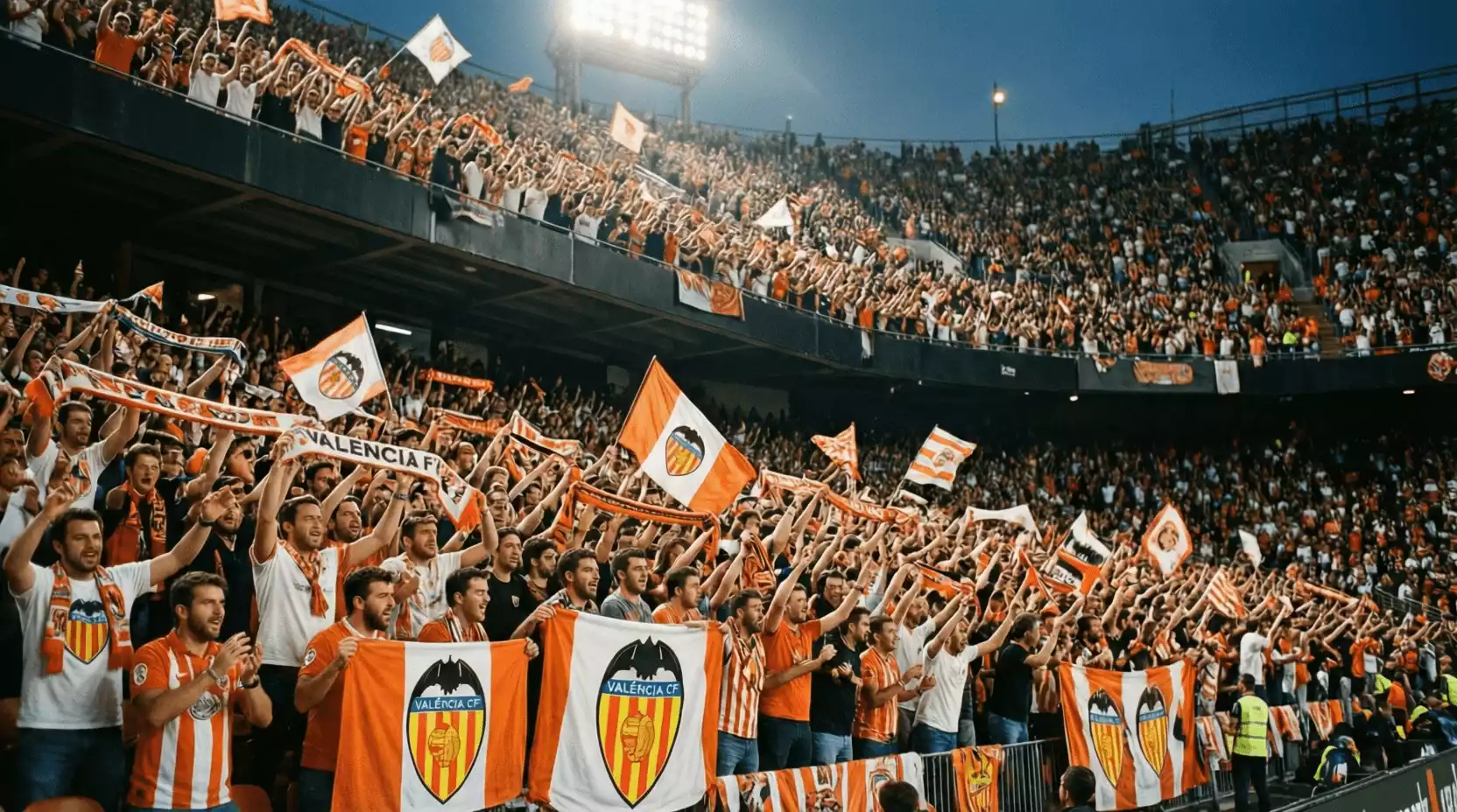Afición del Valencia CF animando en las gradas de Mestalla con banderas y bufandas