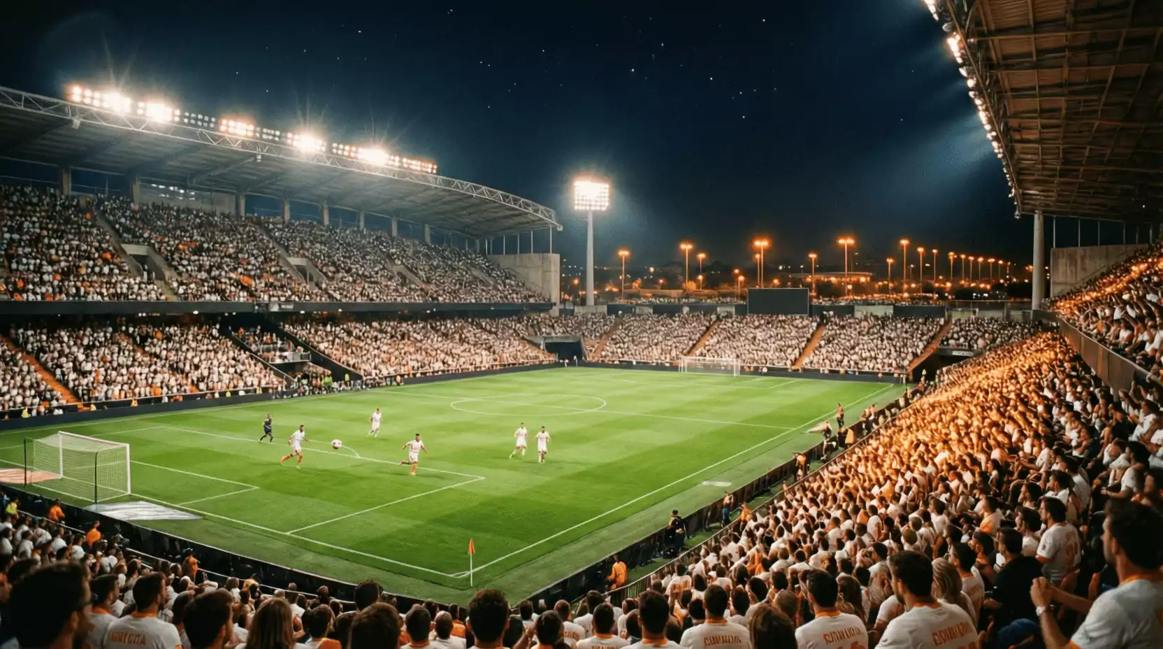 Estadio de Mestalla del Valencia CF iluminado durante un partido nocturno
